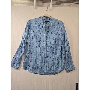 Talbots Women's Petite M Popover Ruffle Neckline Blue Green Blouse 1/2 Button Up